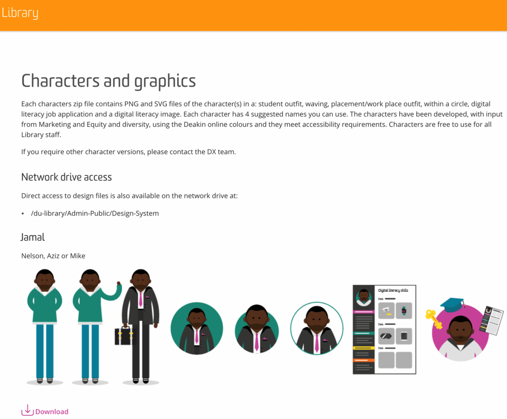 Deakin Library page showing example of characters and graphics that can be used. character posing in different postions, with both professional and student attire and with different versions of character.