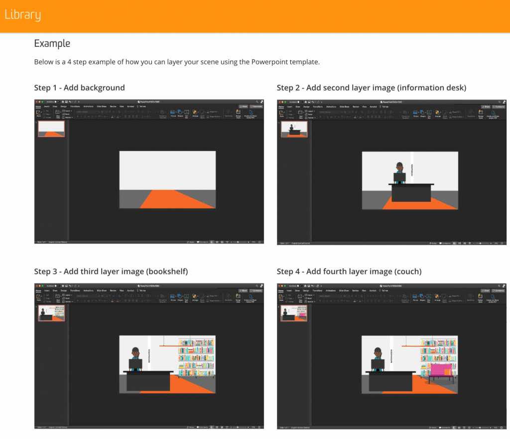 example of scenes with 4 steps.
Step 1 adding background
step 2 add second layer image (information desk)
step 3 add third layer image (bookshelf)
step 4 add fourth layer image (couch)