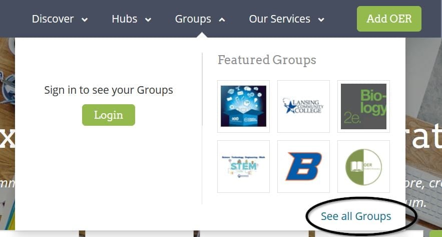 Screenshot from www.oercommons.org of the top menu banner to indicate with an ellipse where to click to search for groups on the website