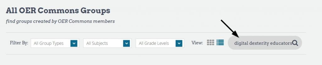 Screenshot from www.oercommons.org to indicate with an arrow where to search for 'Digital Dexterity Educators' in Groups on the website