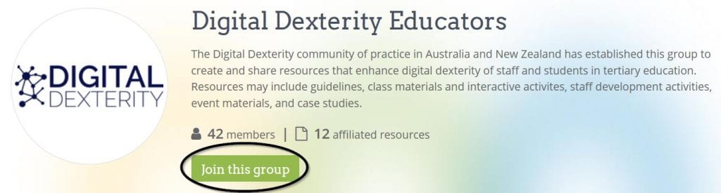 Screenshot from https://www.oercommons.org/groups/digital-dexterity-educators/5554/ to indicate with an ellipse where to join the 'Digital Dexterity Educators' group on the website