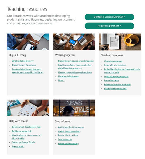 Screenshot of Deakin Library teaching resources page, with resources grouped under headings.