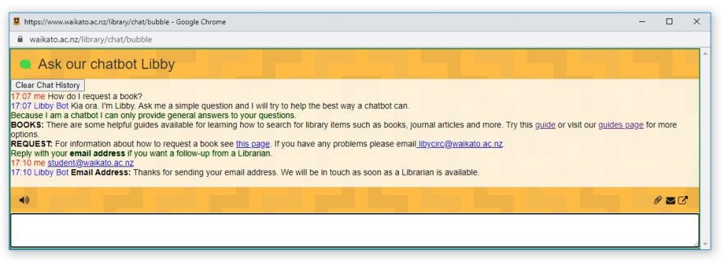 Example chat with chatbot. University of Waikato Library.