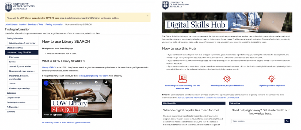 (L) A sample UOW Library Guide. (R) The Student Digital Skills Hub homepage.