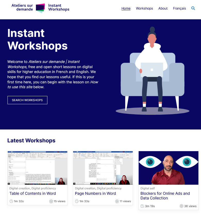 The Instant Workshops home page with its welcome message and three most recent workshops.