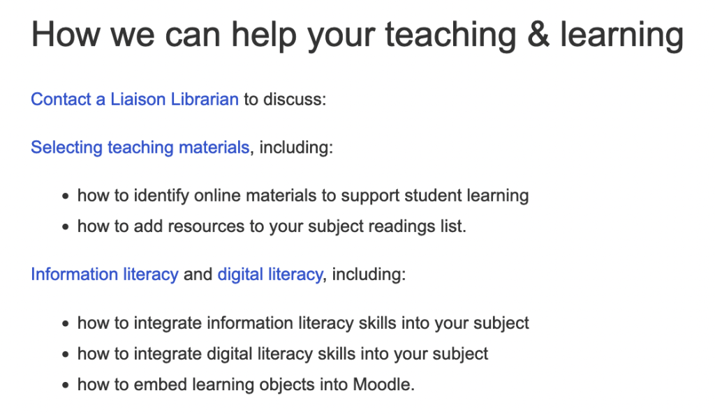 Screenshot of a teaching and learning support guide highlighting the services provided by the team