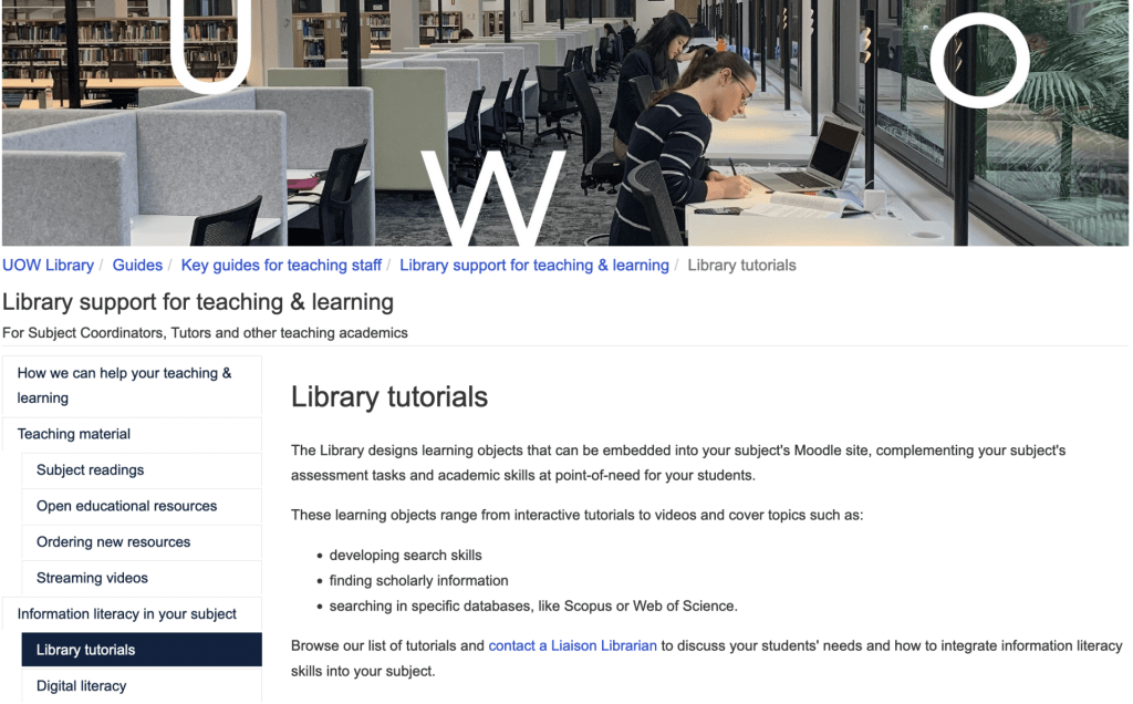Screenshot of the library tutorials section of the teaching and learning support guide