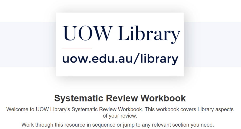 Front page of the UOW Library systematic review workbook