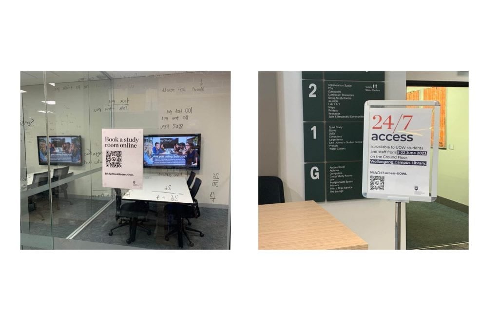 Examples of QR code signage in the UOW Library building.