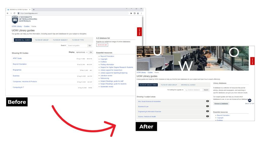 Screenshot examples of the guide navigation pages, before and after the changes.