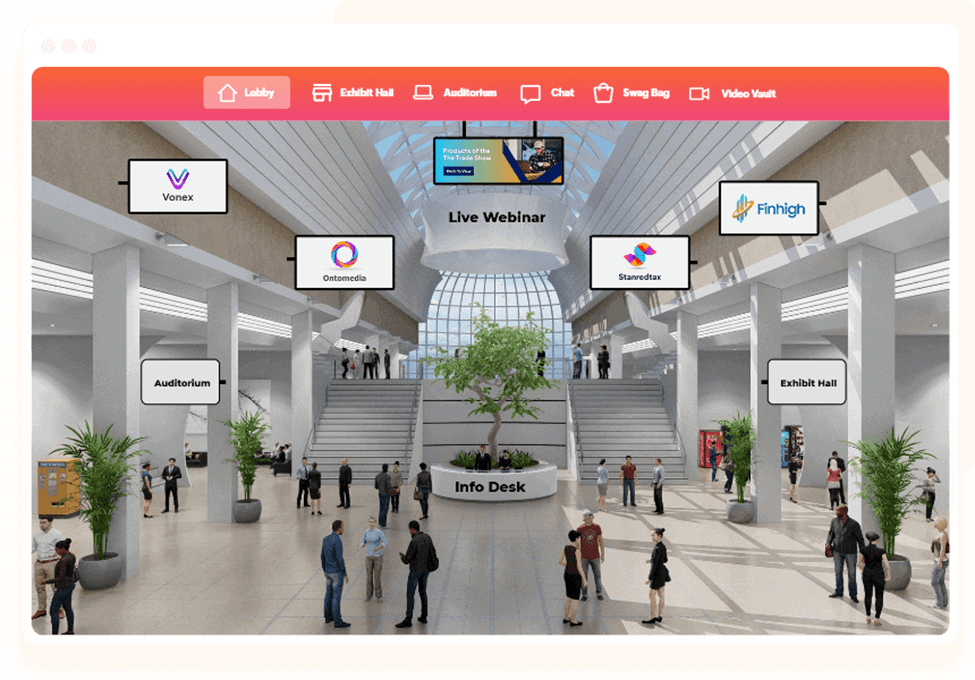 A screenshot of the vFAIRS platform. The screenshot depicts a large virtual hall with an Information desk, vending machines, plants, advertising on the walls, and virtual people standing around in groups.